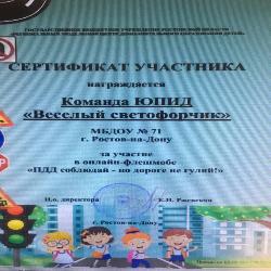Наша команда ЮПИД «Веселый светофорчик» награждена сертификатом  за участие в онлайн-флешмобе «ПДД соблюдай - по дороге не гуляй!». Поздравляем наших ребят!